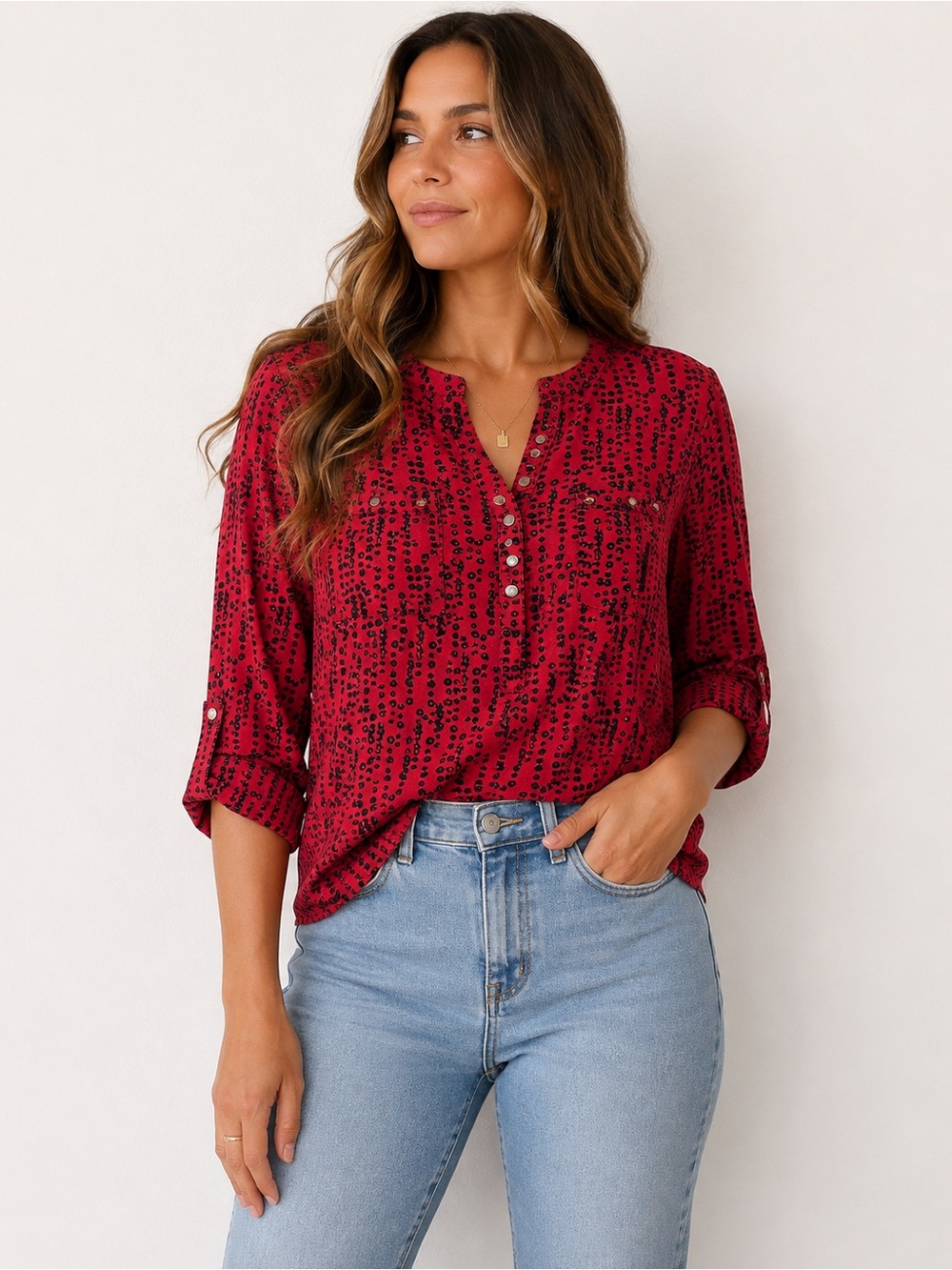 Notations Red black Printed Henley abstract, print blouse top size small office